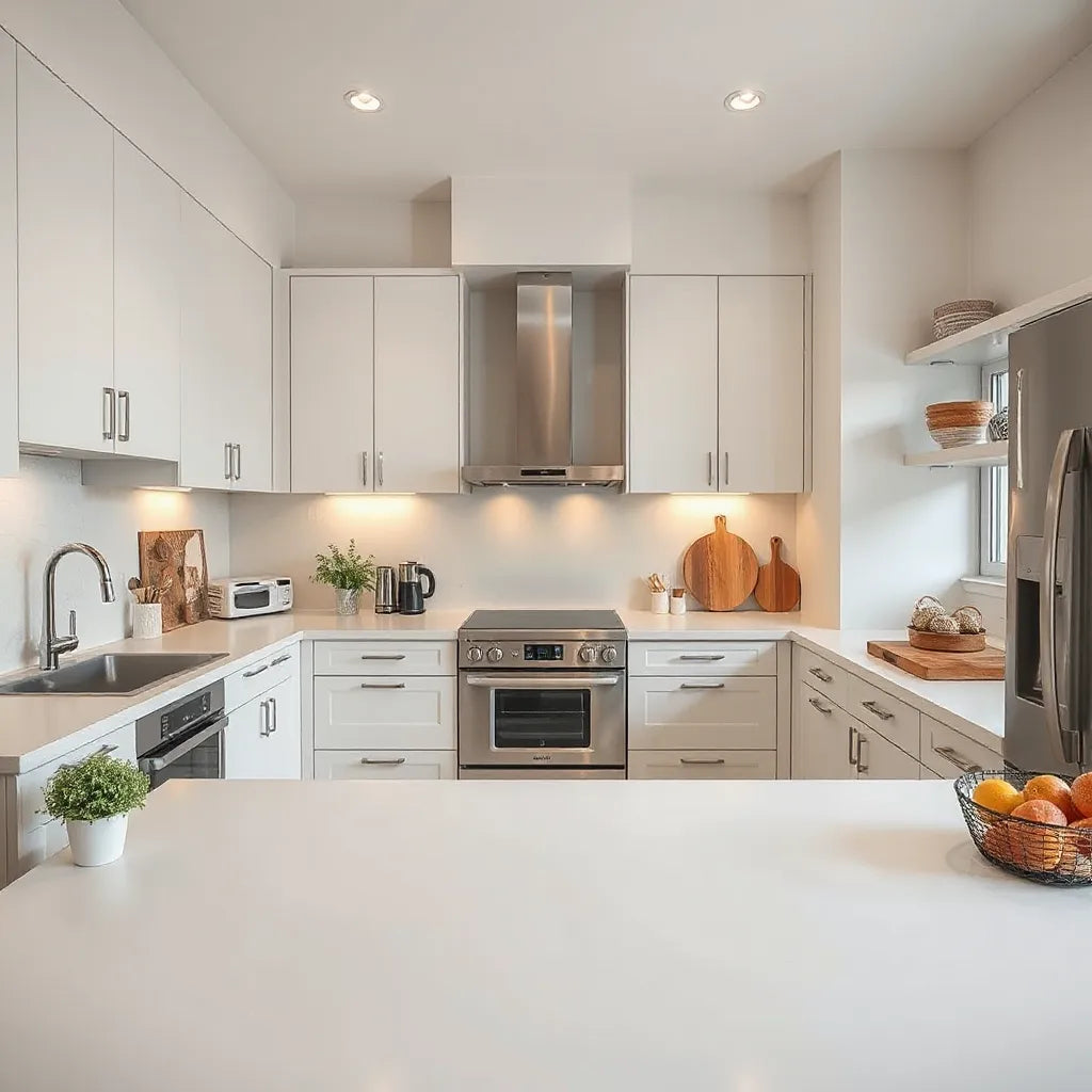 Bright modern kitchen with smart storage, organized countertops, and task lighting for efficient cooking