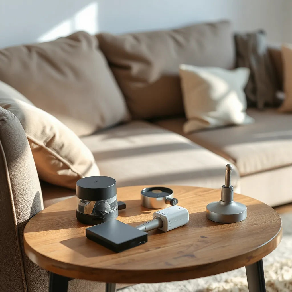 Smart home hub, cordless vacuum, and smart plug arranged on a tidy side table in a bright living room