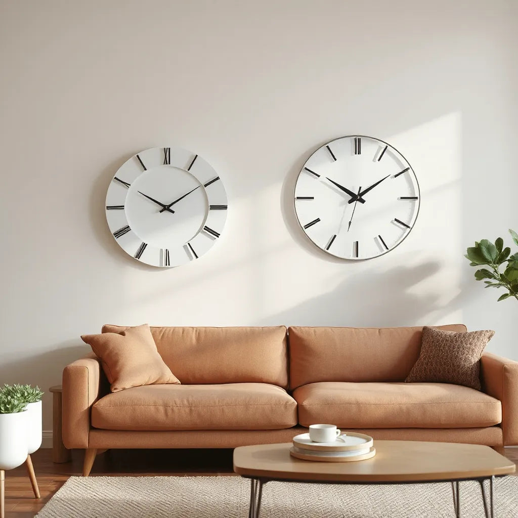 Modern unique wall clocks displayed on a living room wall with warm, neutral decor