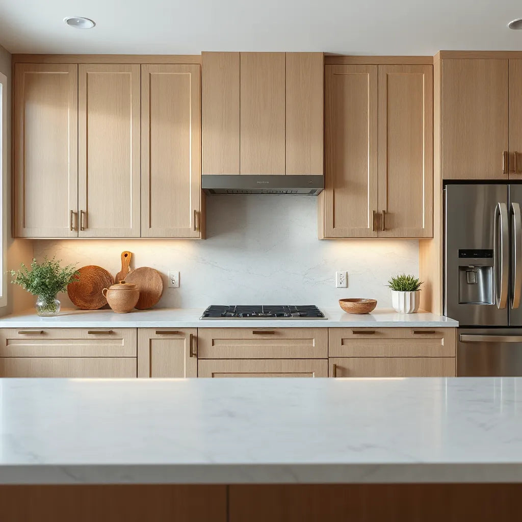 Warm modern kitchen with high-end custom cabinets, refined hardware, and soft under-cabinet lighting