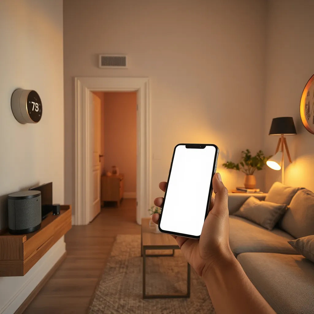 Modern living room with smart thermostat, smart speaker, and phone controlling home lighting and security