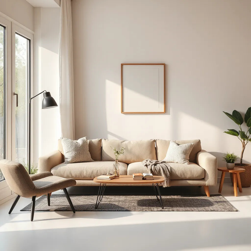 Bright modern living room with a cozy seating area, warm lighting, and minimal decor