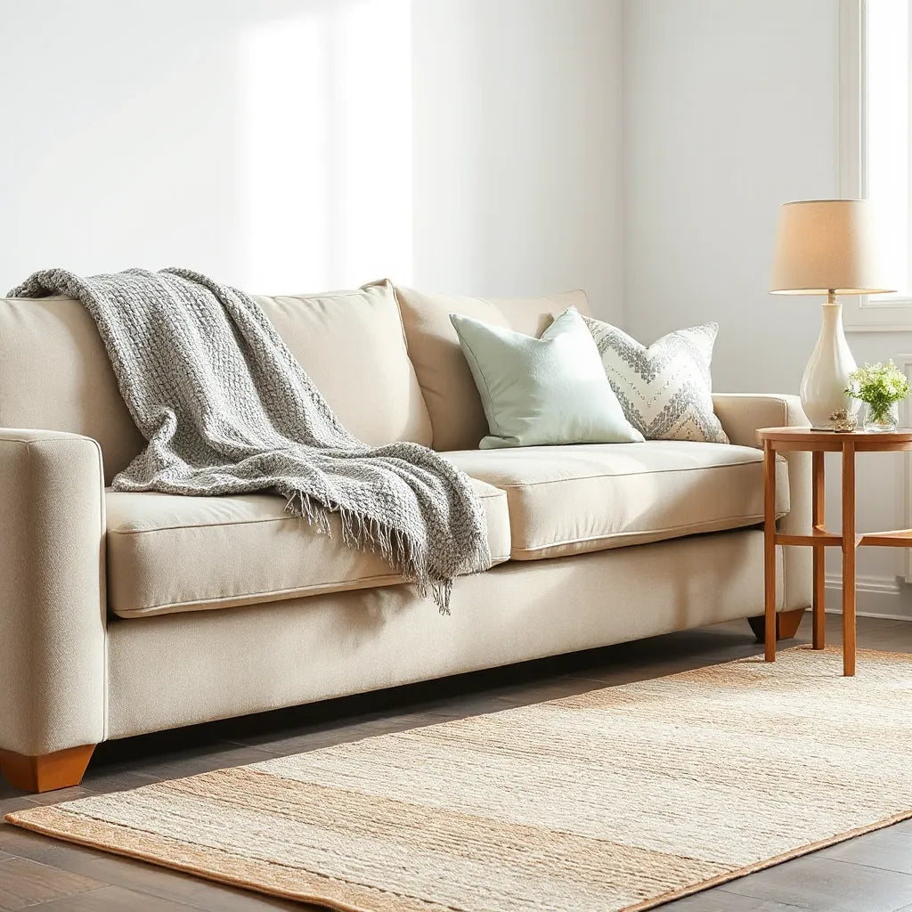 Bright living room with neutral sofa, decorative pillows, lamp, and fresh flowers for easy home decor styling