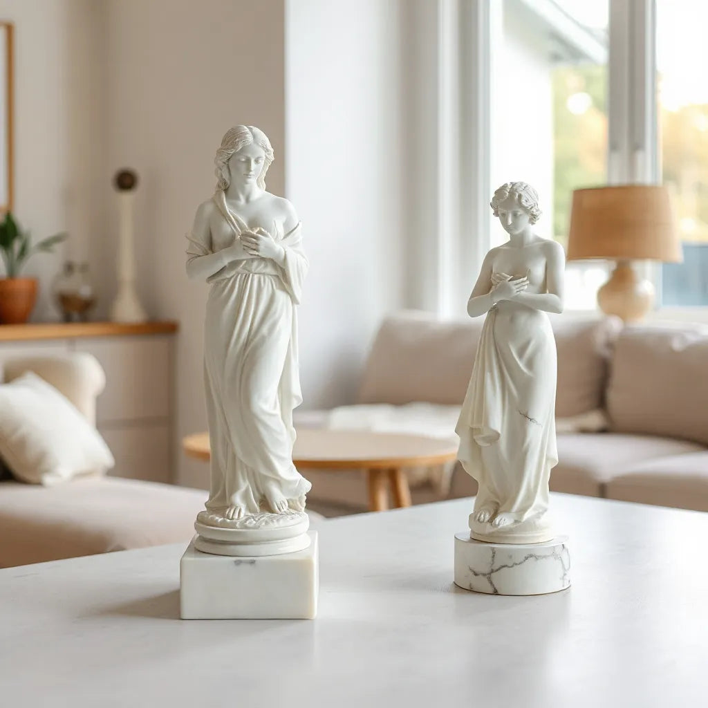 Elegant marble base resin statues displayed on a light tabletop with soft daylight