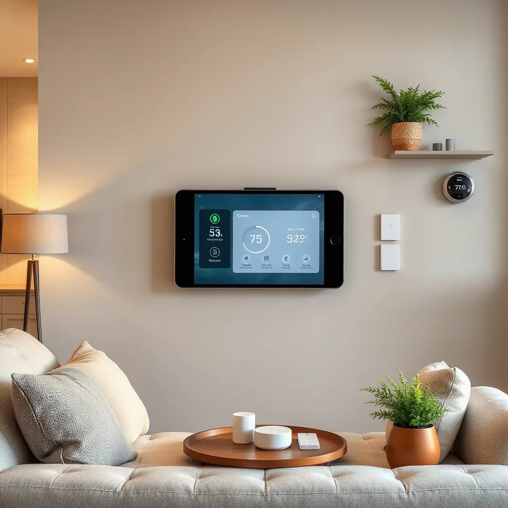 Modern living room with smart home tablet controls, thermostat, and sensors arranged neatly