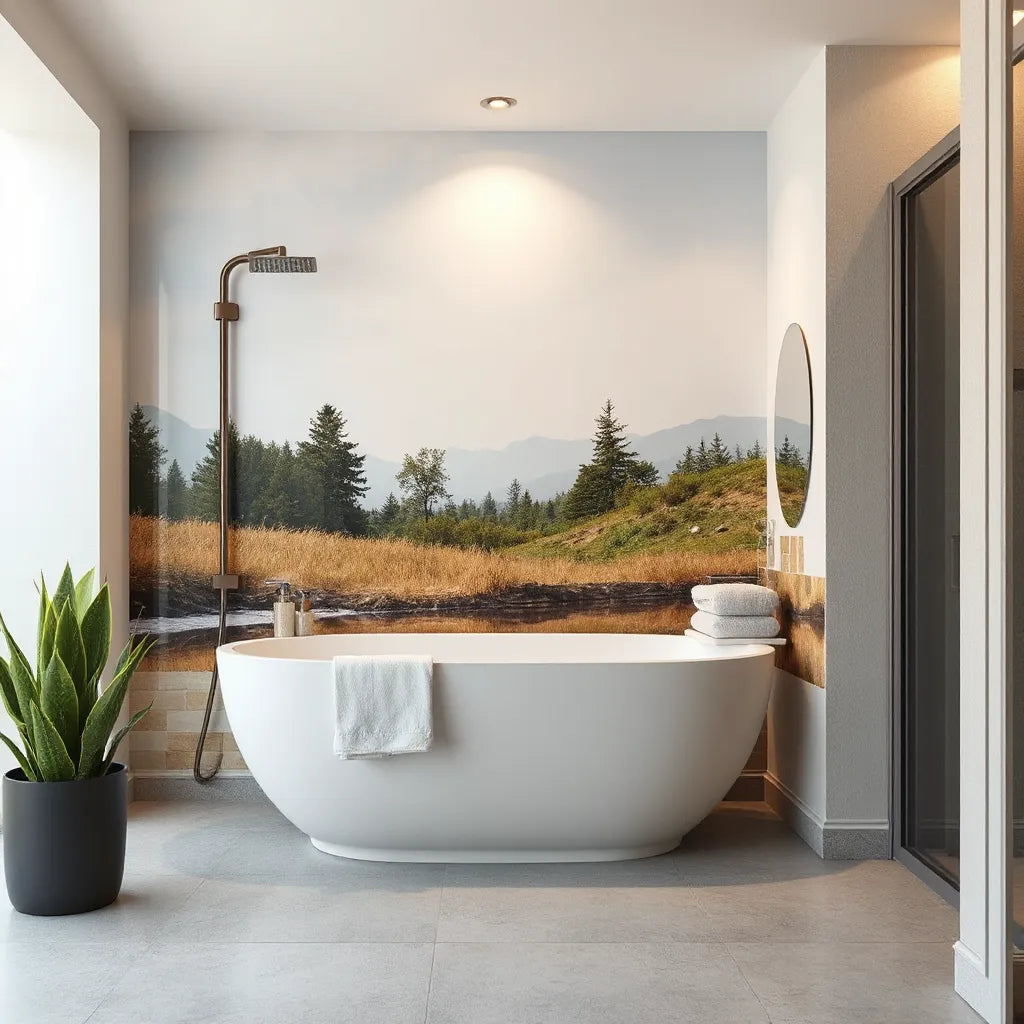 Water-resistant mural on a feature wall in a bathroom and covered patio setting with natural decor