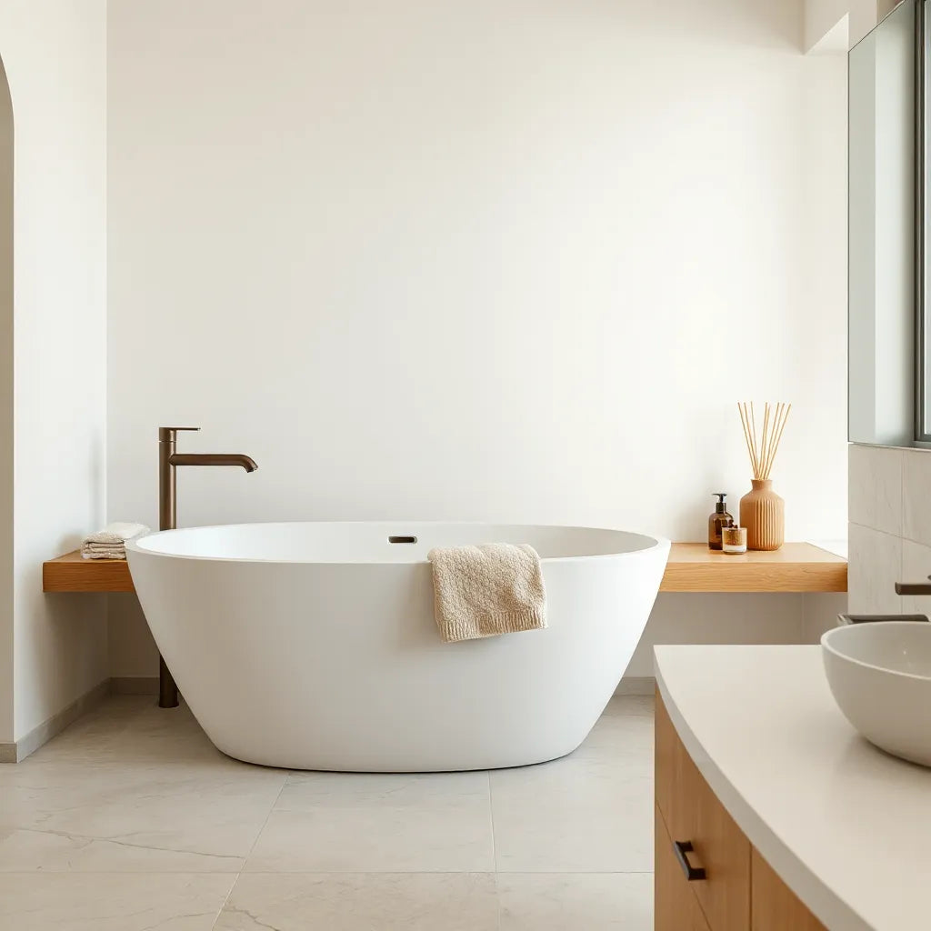 Spa-like bathroom with a soaking tub, plush towels, warm lighting, and minimalist bath essentials