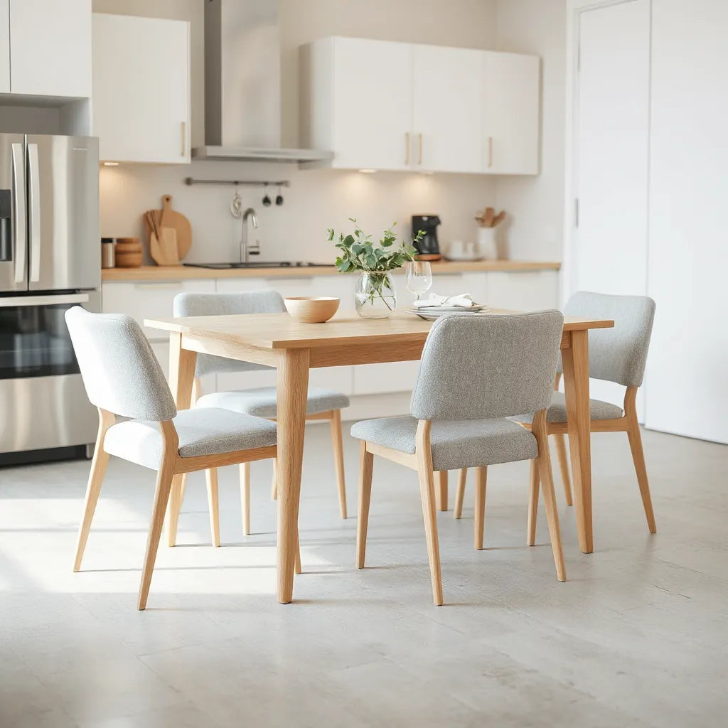 Modern kitchen dining set with a table, upholstered chairs, and simple decor in a bright space