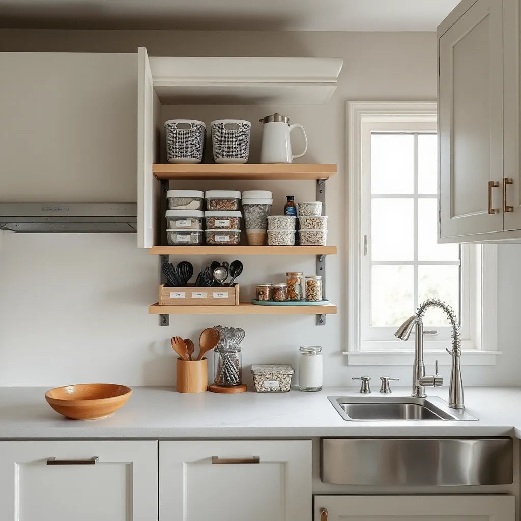 Organized kitchen cabinets with pull-out drawers, pantry shelves, and under-sink storage bins