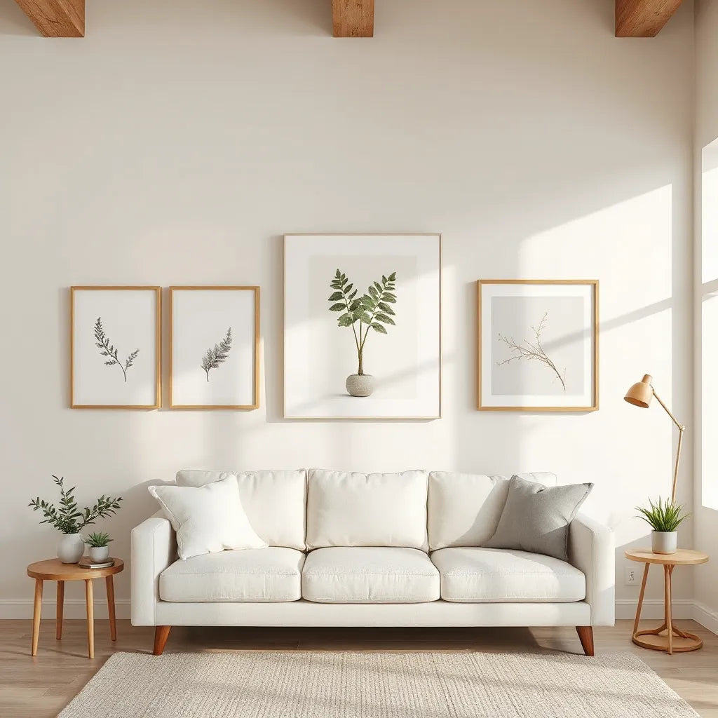 Curated mix of framed and canvas wall art displayed on a modern living room wall above a light sofa.