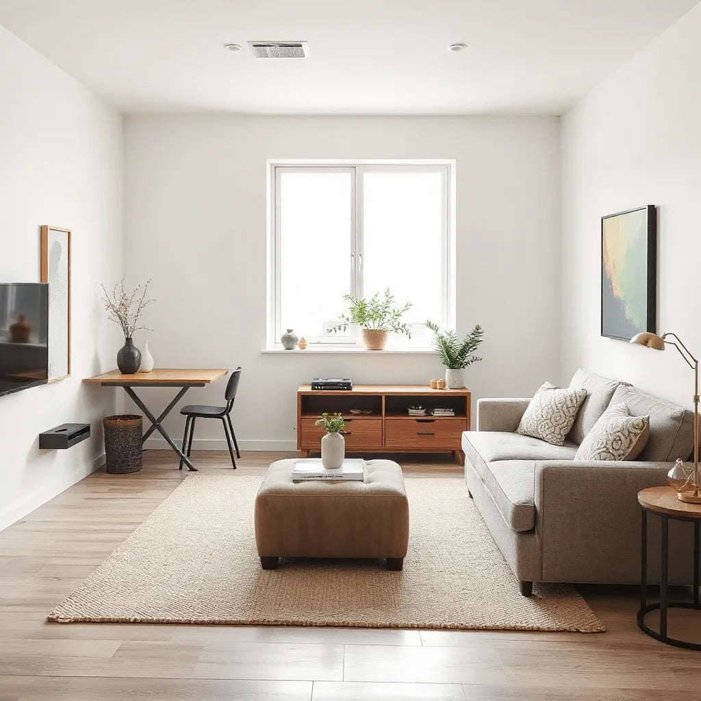 Compact living room featuring a fold-out table, storage ottoman, and hidden-drawer furniture for small spaces