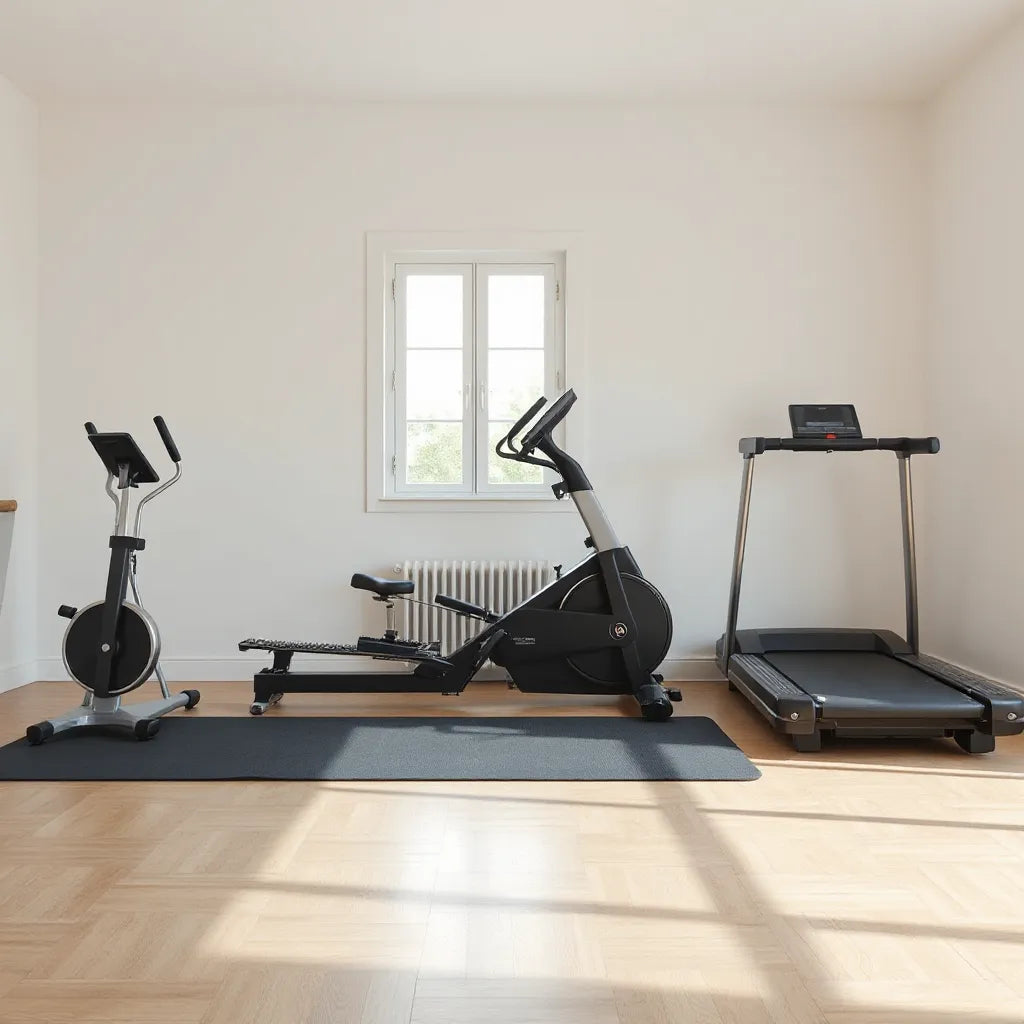 Rowing, elliptical, and treadmill machines in a clean home gym with natural light