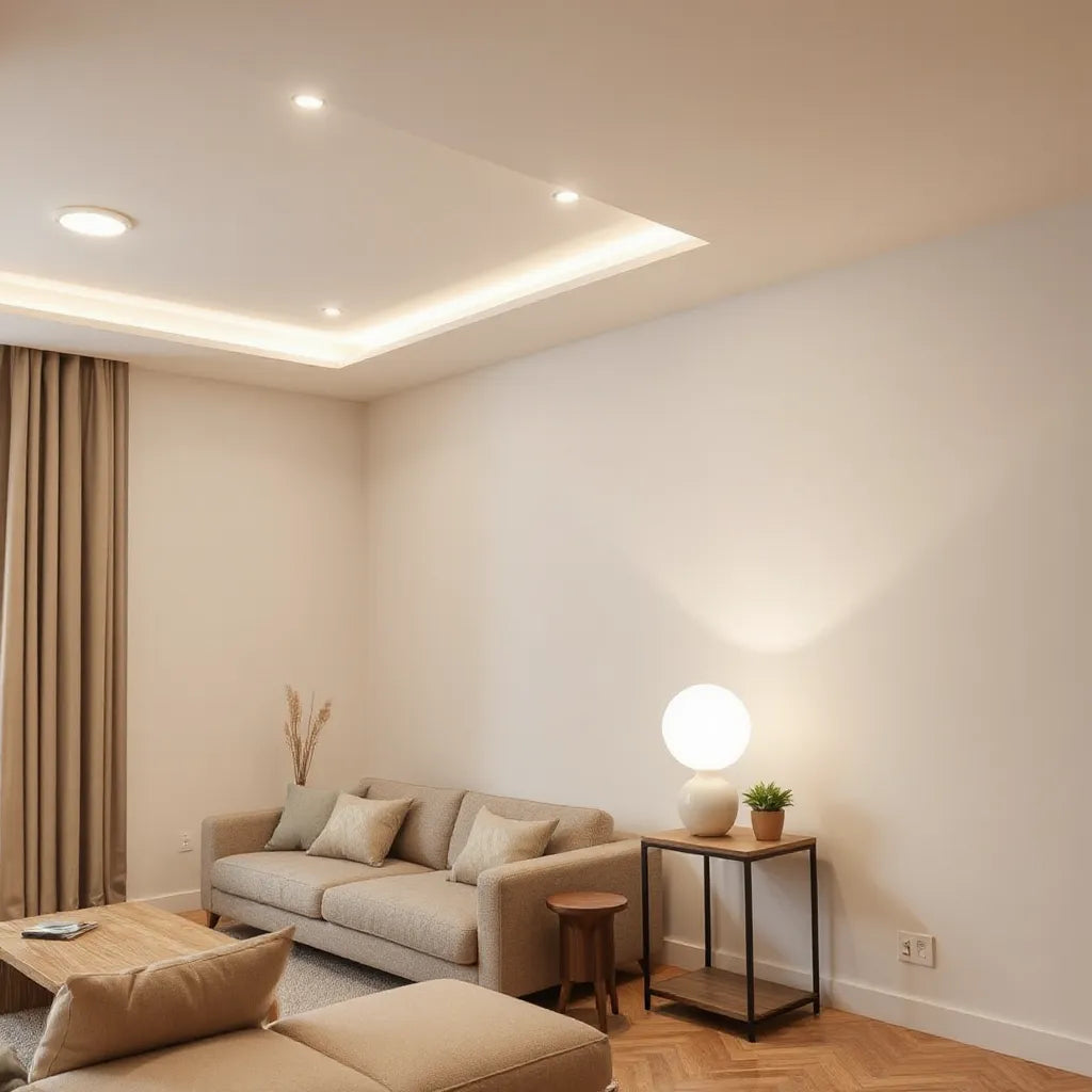 Modern living room with warm layered ceiling and lamp lighting for smart ambience