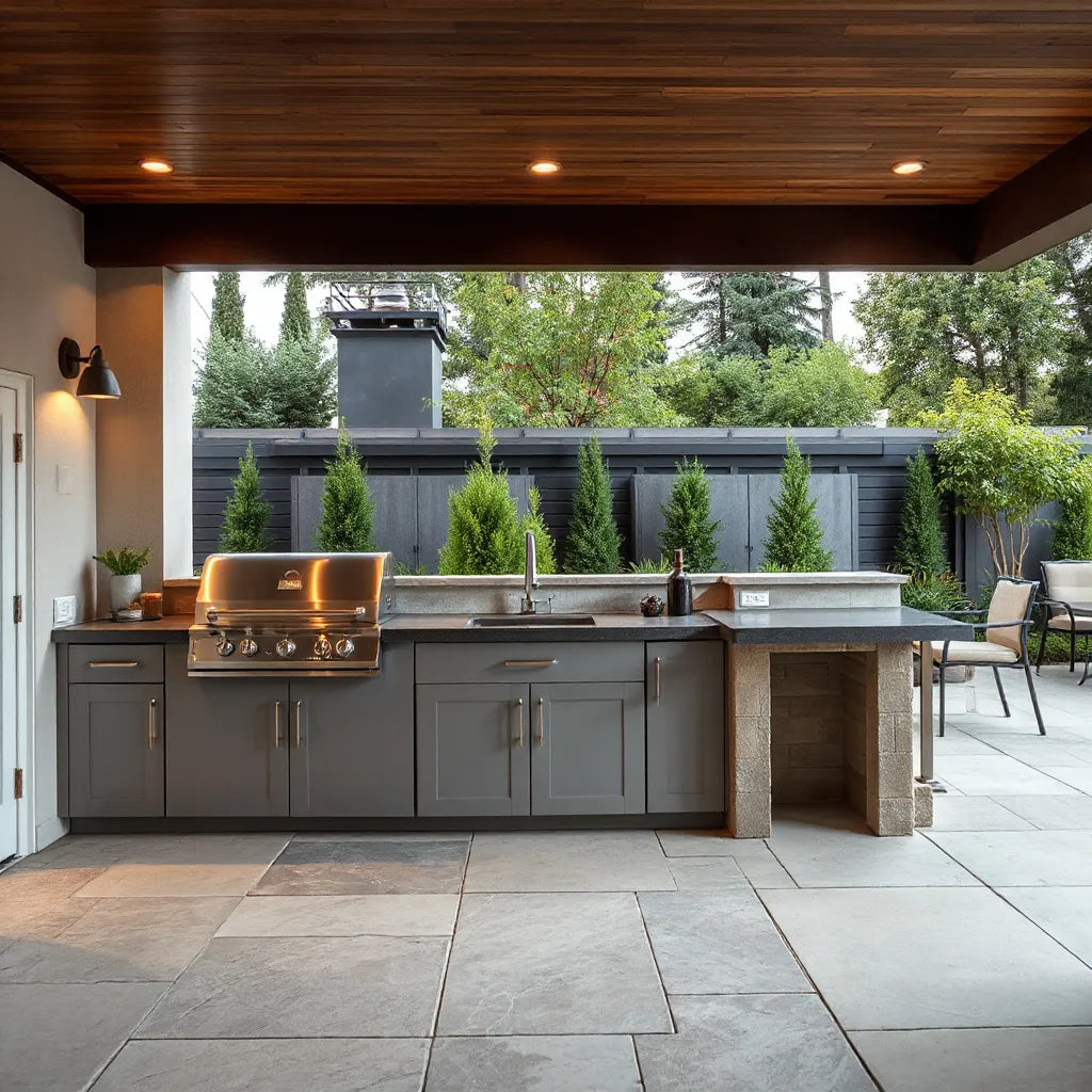 Modern built-in outdoor kitchen with grill, prep counters, sleek cabinetry, and warm ambient lighting on a patio