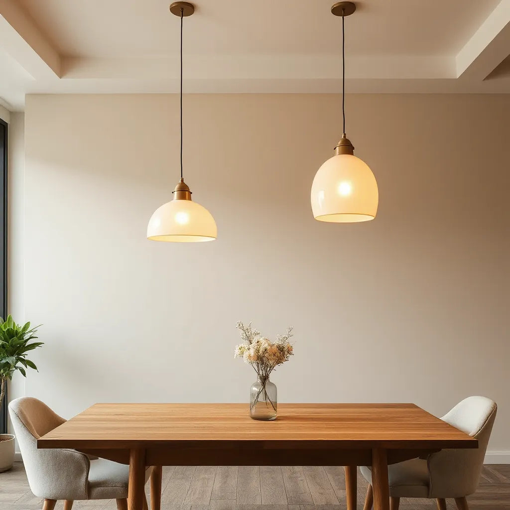 Elegant pendant lights glowing above a minimalist dining table in a modern, warm-toned room