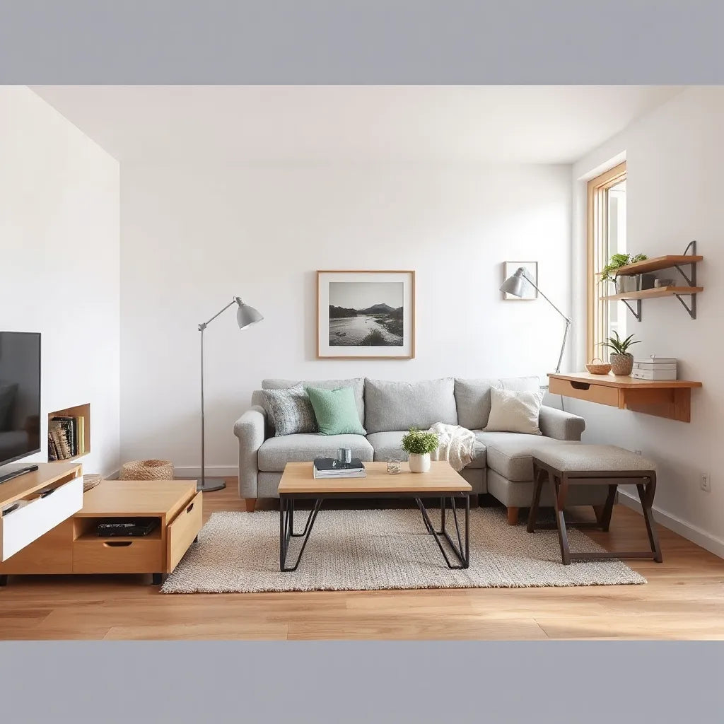 Compact living room with storage sofa, lift-top coffee table, and fold-down desk for small spaces
