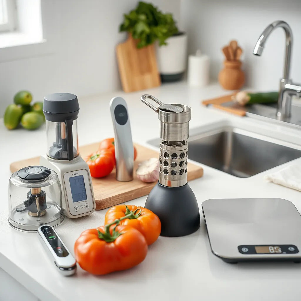 Modern kitchen countertop with innovative gadgets, fresh vegetables, and a clean cutting board