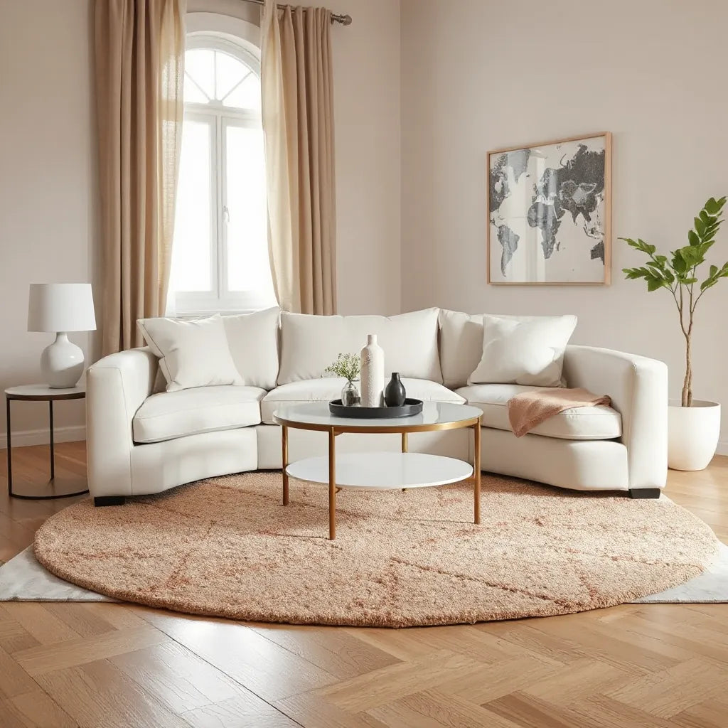 Elegant patterned area rug under a living room sofa with warm neutral decor and natural daylight
