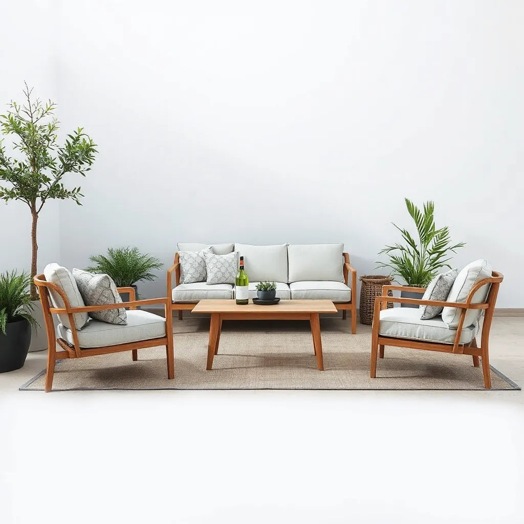 Weather-resistant outdoor seating set on a patio with cushions, table, and surrounding greenery