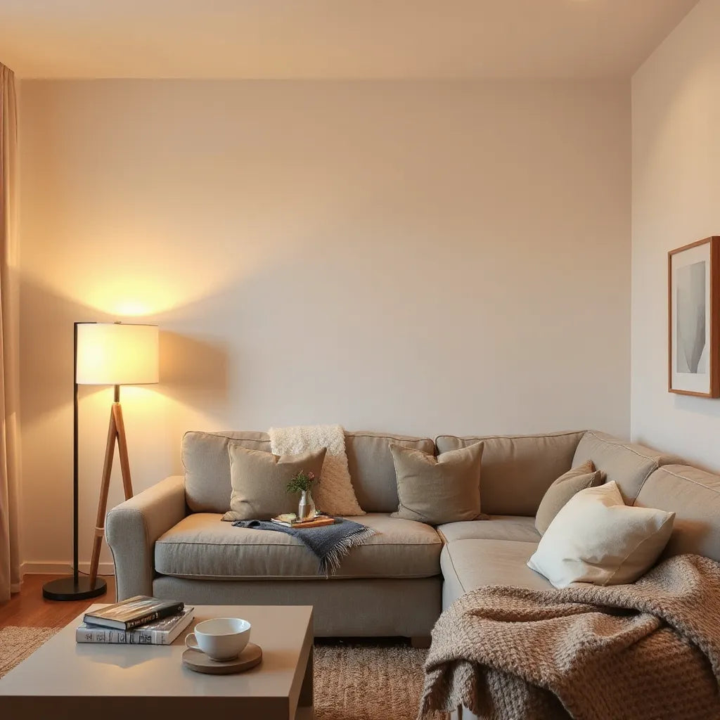 Cozy living room with warm layered lighting from a floor lamp and side table lamp