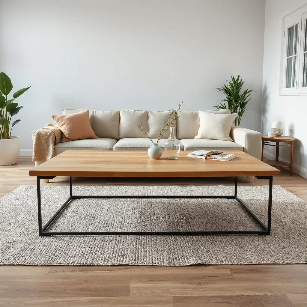 Modern living room with a sleek contemporary coffee table in light wood and black metal