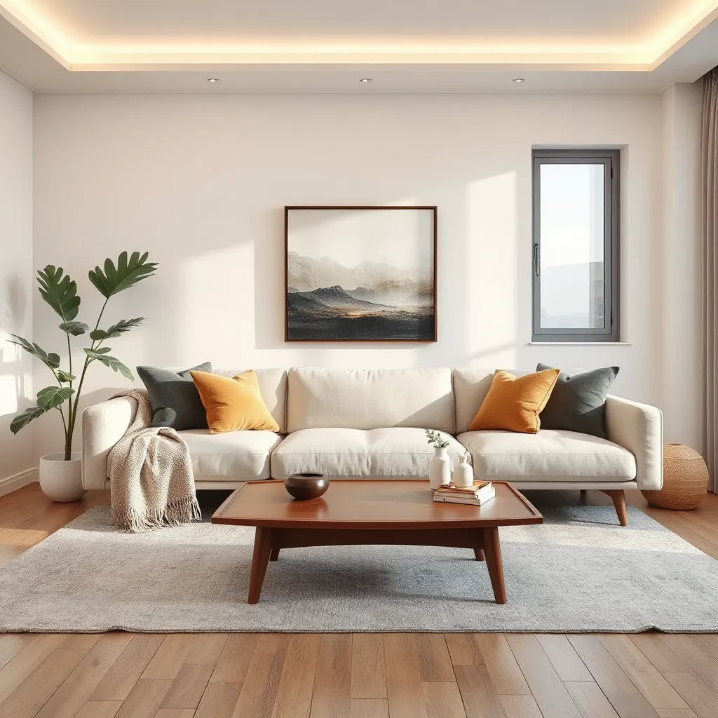 Bright contemporary living room with modern sofa, minimalist decor, layered lighting, and a large window