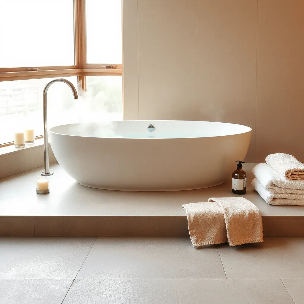 Freestanding soaking bathtub in a calm, modern bathroom with soft light and steam