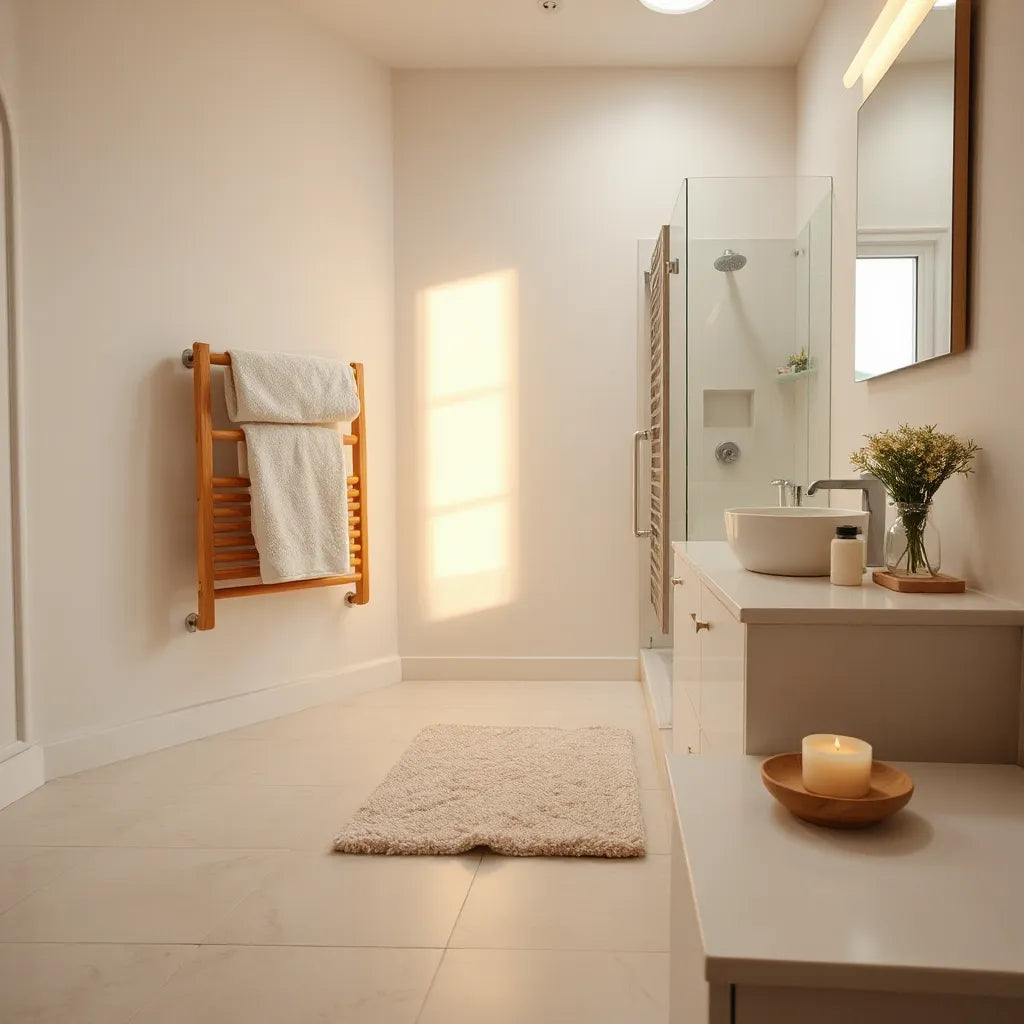 Plush towels, a bath mat, and warm lighting in a calm modern bathroom setting