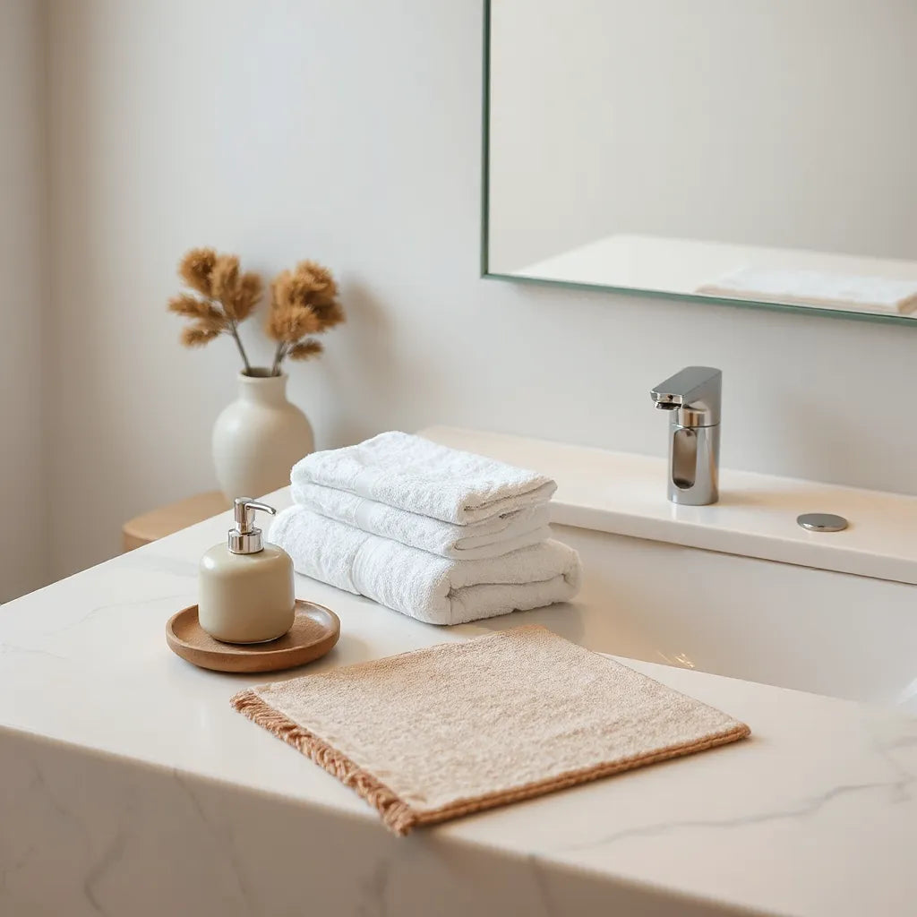Spa-style luxury bathroom countertop with folded towels, soap dispenser, and warm chrome fixtures