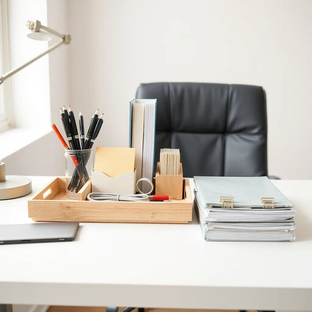 Tidy home office desk with stationery organizers, file holders, and cable management