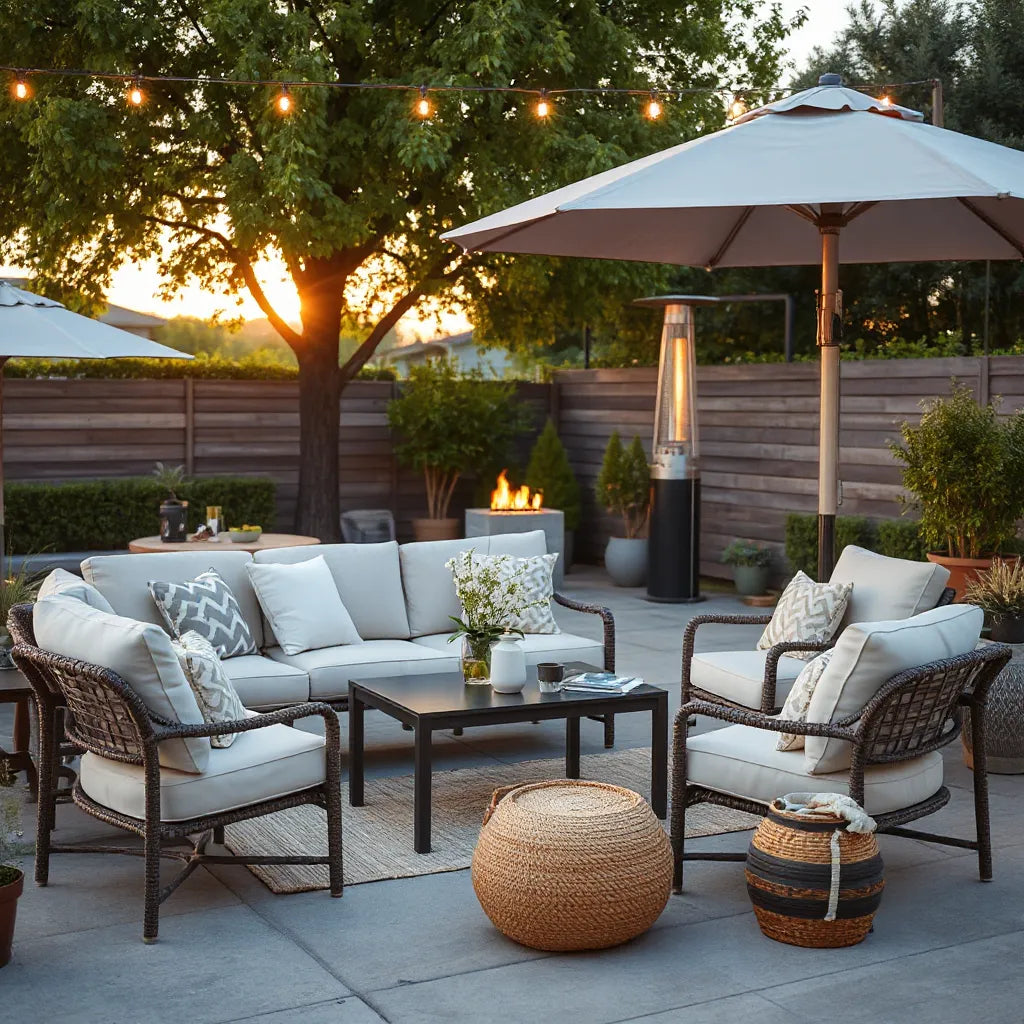 Cozy outdoor patio seating with cushions, small table, umbrella, warm string lights, and potted plants
