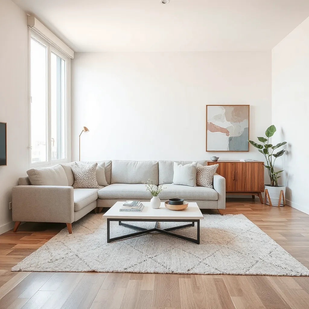 Bright contemporary living room with neutral sofa, modern coffee table, abstract art, and warm wood accents