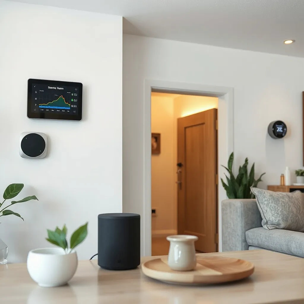 Modern living room with smart speaker, control panel, and smartphone home automation dashboard