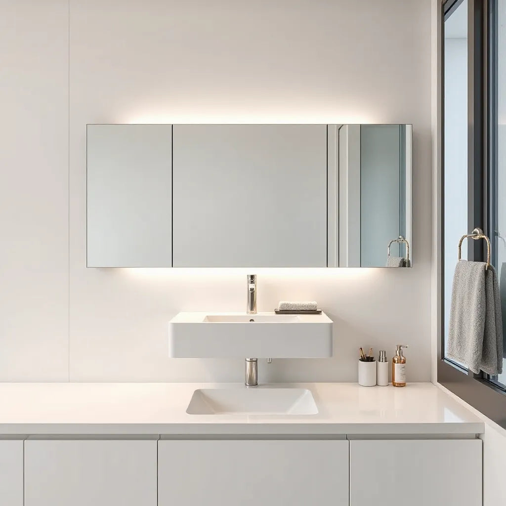 Modern bathroom vanity with a mirrored cabinet and soft LED lighting above the sink
