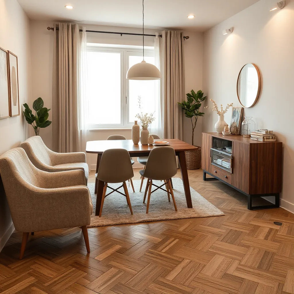 Modern dining room with a minimalist table, upholstered chairs, warm lighting, and organized storage