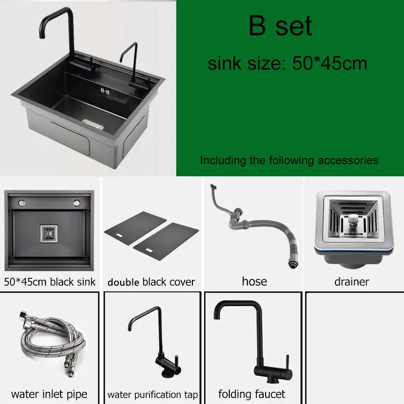Black Stainless Steel Kitchen Sink with matching faucet tap