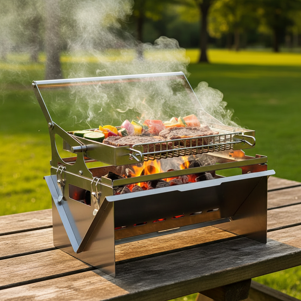 Barbecue Grill Camping Wendebräter, Grillrost, um 360 Grad vollständig wendbar, Edelstahlgrill, faltbar