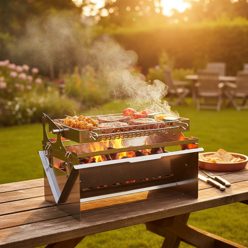 Barbecue Grill Camping Wendebräter, Grillrost, um 360 Grad vollständig wendbar, Edelstahlgrill, faltbar
