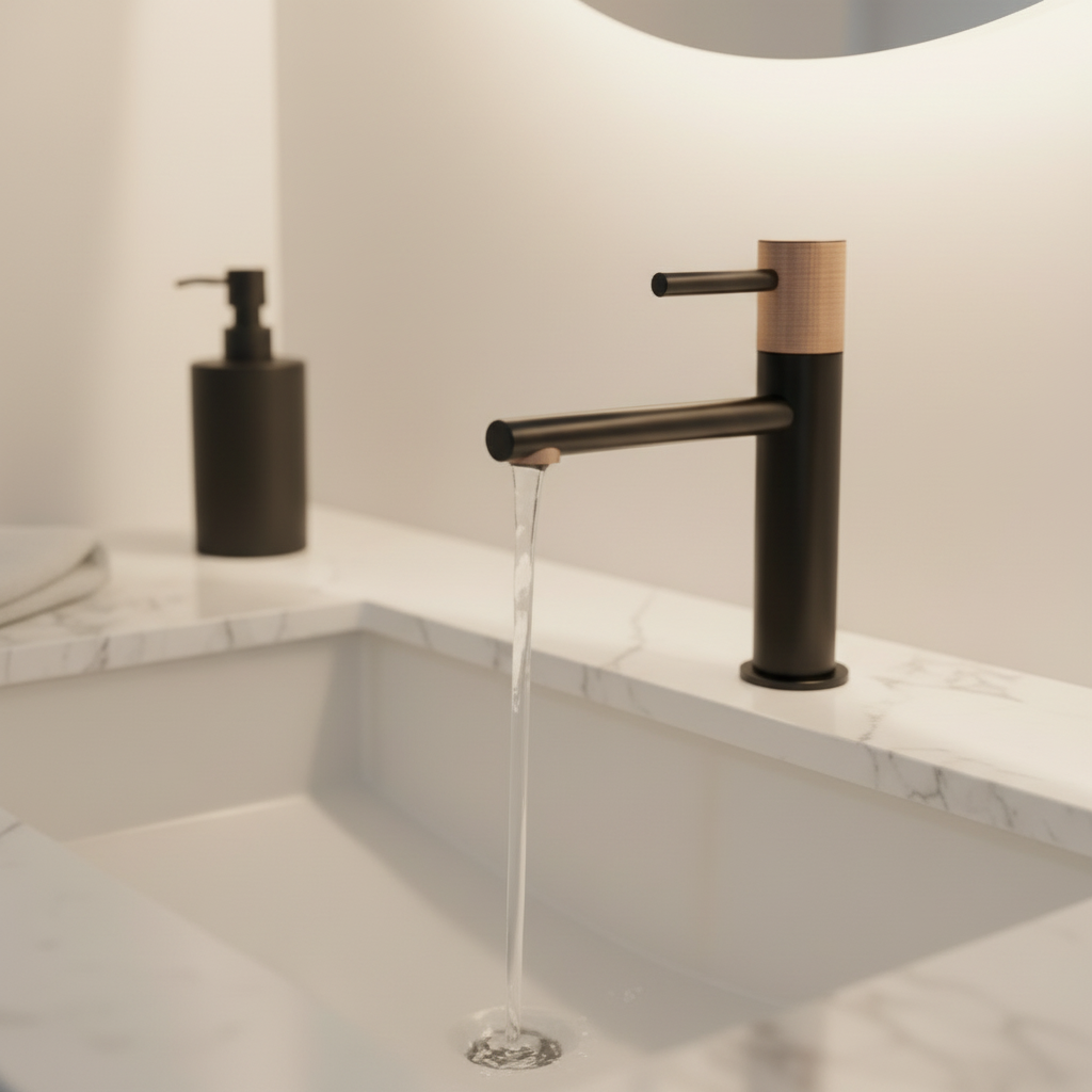 Messing-Badezimmerarmatur Rändelgriff Waschbecken Schwarz High-End Hotel Waschbecken Wasserhahn