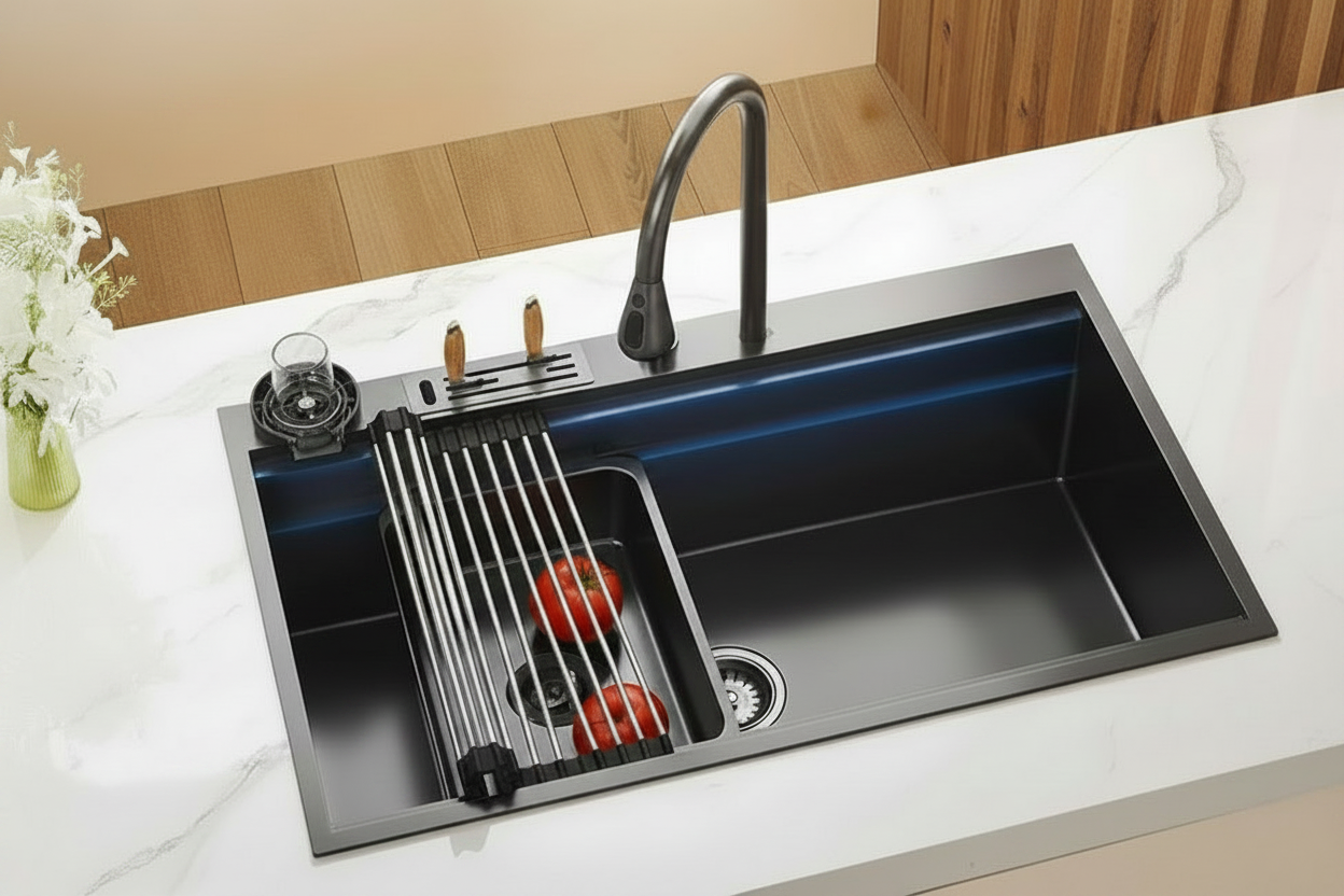 Extra Large Waterfall Kitchen Sink | Stainless Steel, Undermount, Cup Washer & Single Bowl