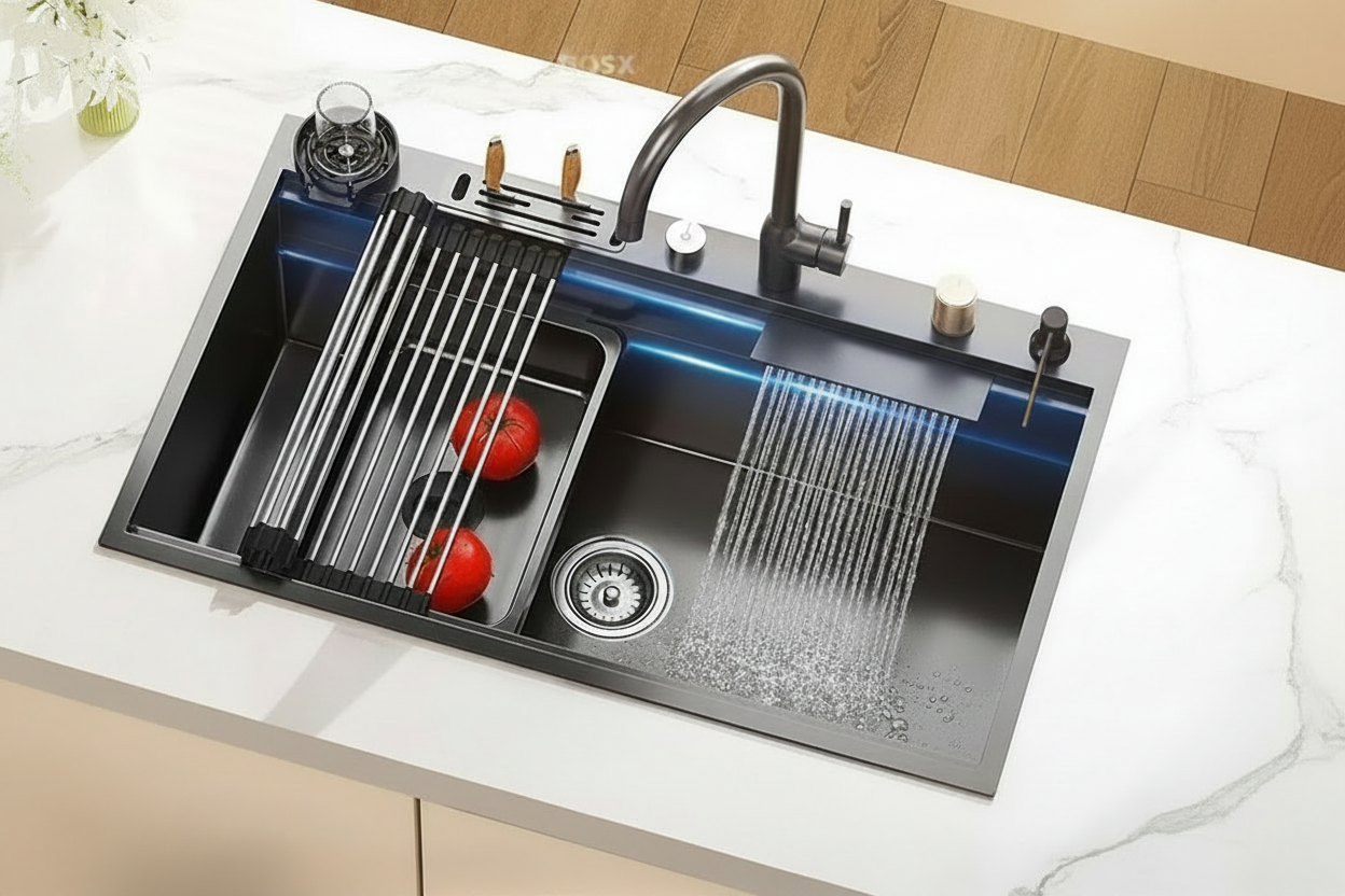 Extra Large Waterfall Kitchen Sink | Stainless Steel, Undermount, Cup Washer & Single Bowl