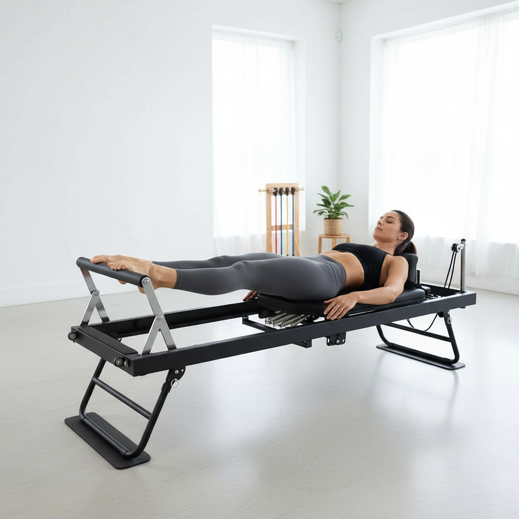 Foldable Reformer Pilates Machine with Adjustable Reformer Heights, Pilates Equipment with Piano Wire Spings and Jump Boards