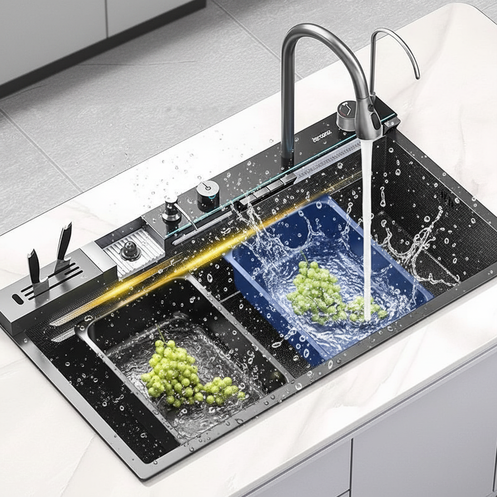 Integrated Waterfall Kitchen Sink | Honeycomb Tech, Digital Display, Soap Dispenser & Cup Washer