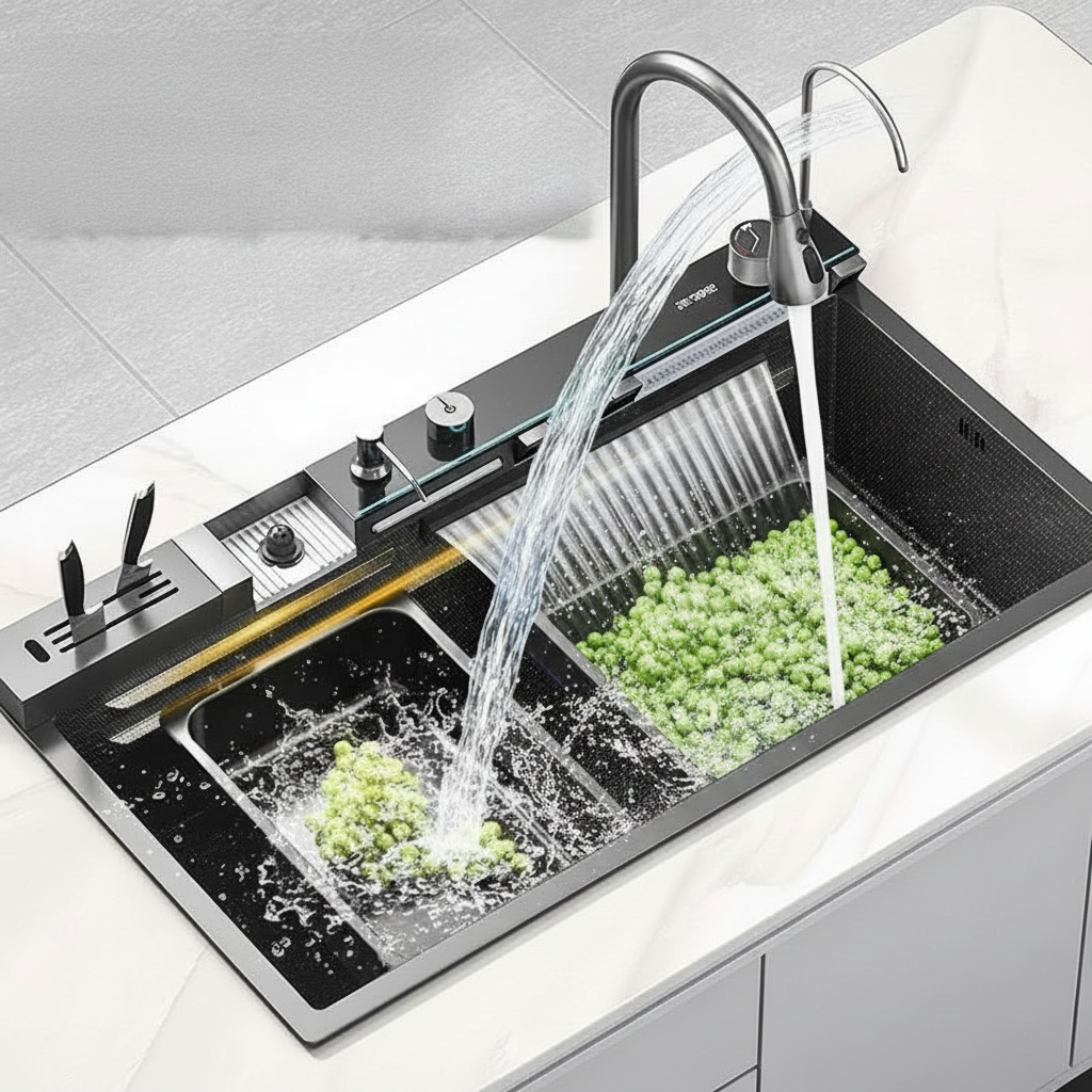 Integrated Waterfall Kitchen Sink | Honeycomb Tech, Digital Display, Soap Dispenser & Cup Washer