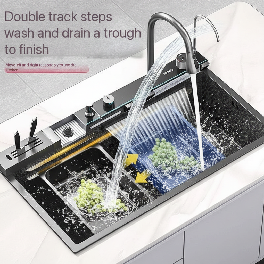 Integrated Waterfall Kitchen Sink | Honeycomb Tech, Digital Display, Soap Dispenser & Cup Washer