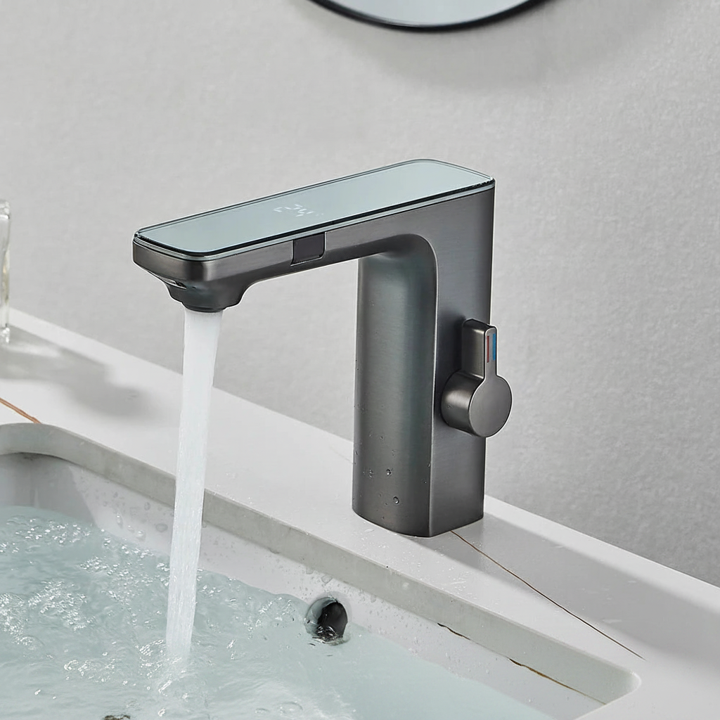Berührungsloser Sensor-Waschtischarmatur, intelligente Digitalanzeige, Badezimmer-Waschbeckenarmatur, graue Messing-Mischbatterie für warmes und kaltes Wasser, Kran