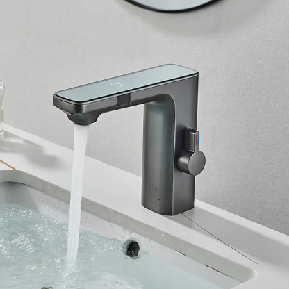 Berührungsloser Sensor-Waschtischarmatur, intelligente Digitalanzeige, Badezimmer-Waschbeckenarmatur, graue Messing-Mischbatterie für warmes und kaltes Wasser, Kran