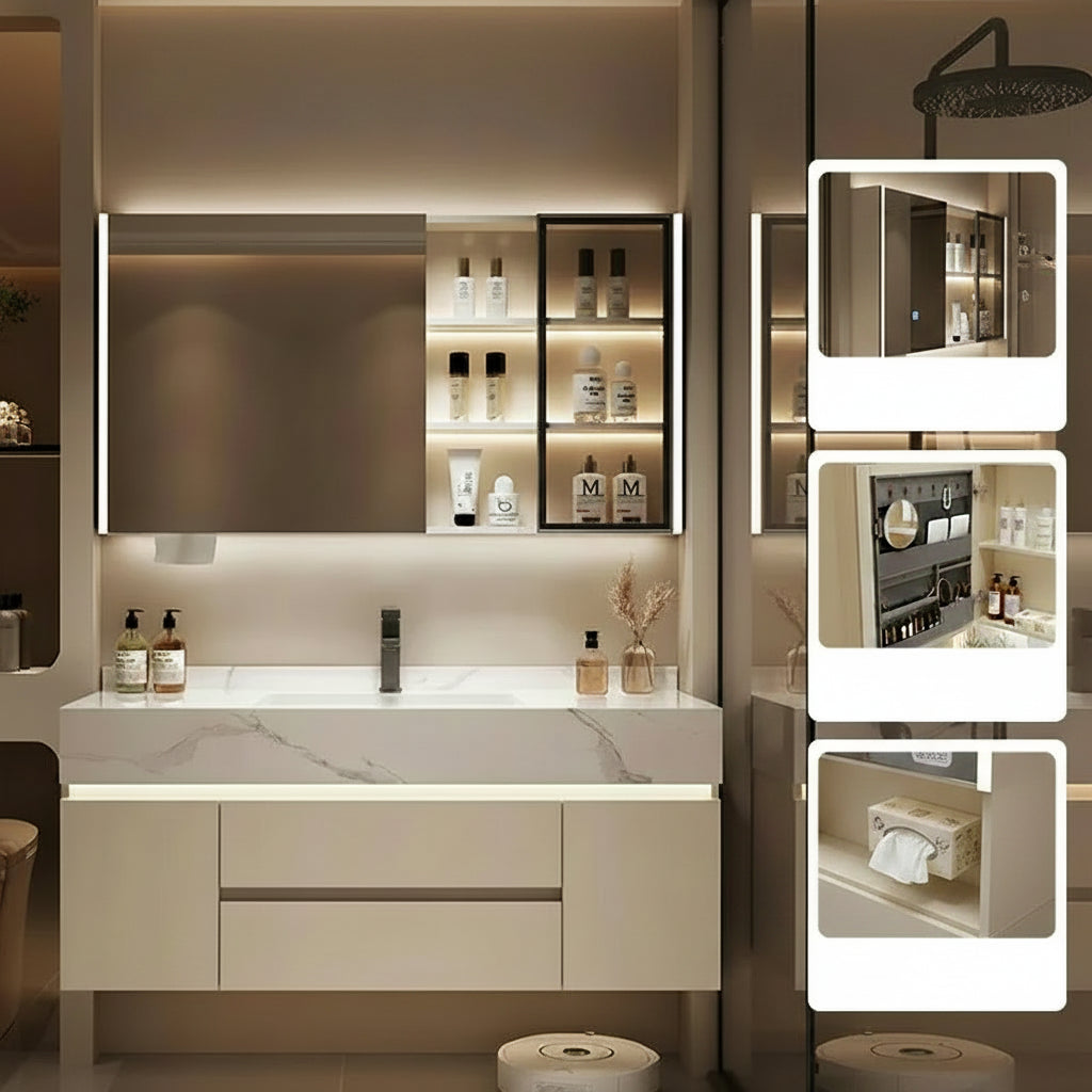 Bathroom Storage Cabinet with Mirror above bathroom vanity