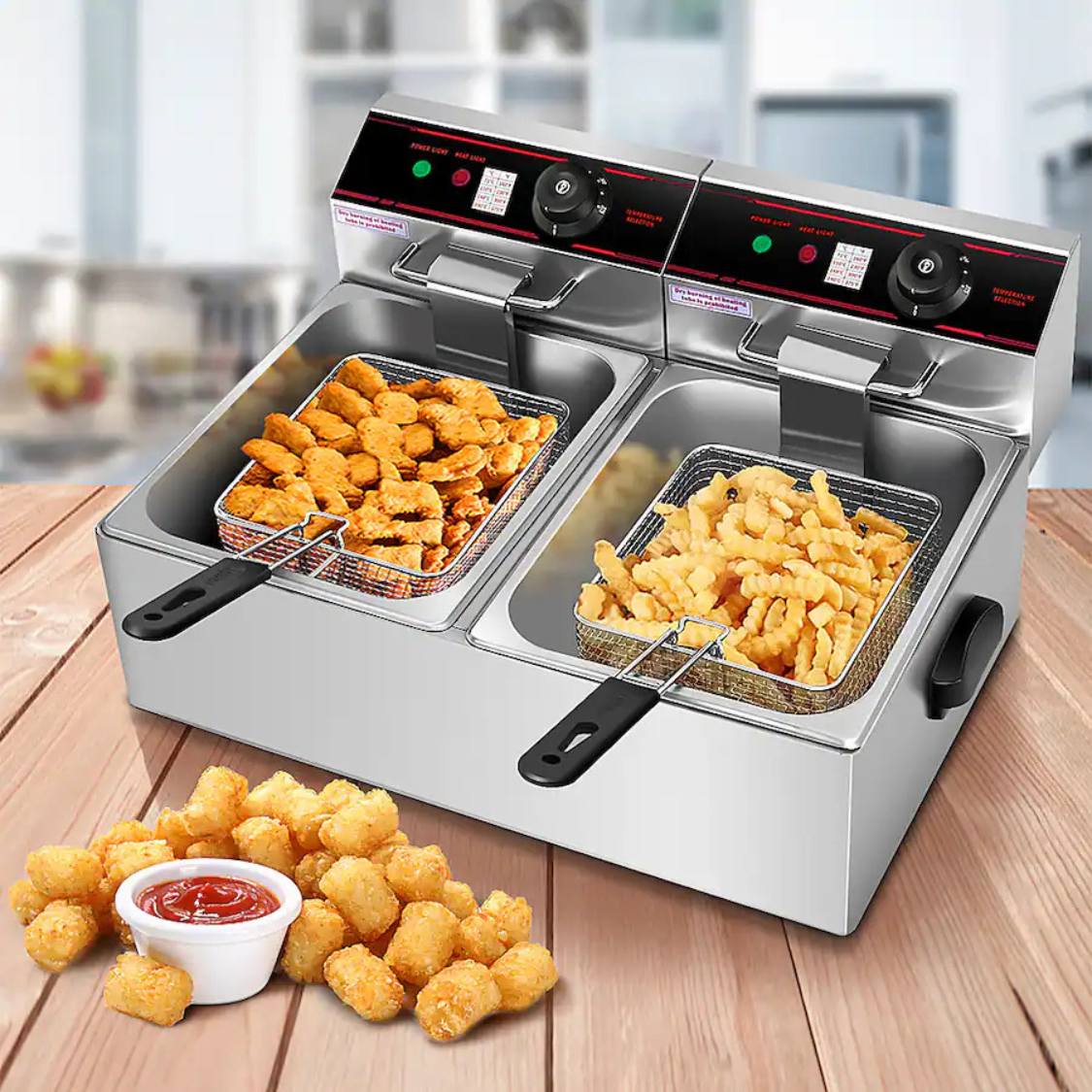 SucceBuy 12L elektrische Fritteuse mit zwei herausnehmbaren Behältern, kommerzielle Tischfritteuse für Hähnchen, Pommes Frites, Brat-Chips