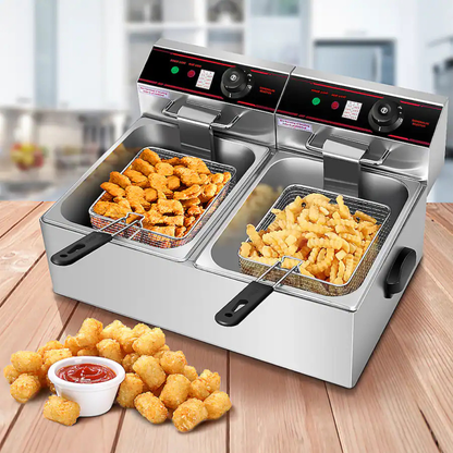 SucceBuy 12L elektrische Fritteuse mit zwei herausnehmbaren Behältern, kommerzielle Tischfritteuse für Hähnchen, Pommes Frites, Brat-Chips